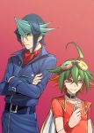  2boys absurdres aqua_hair belt cape collar crossed_arms gradient gradient_background green_hair highres kurosaki_shun male male_focus multicolored_hair multiple_boys red_background red_eyes redhead sakaki_yuuya spiky_hair ts422 two-tone_hair wristband yuu-gi-ou yuu-gi-ou_arc-v 