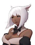  1girl absurdres animal_ears bare_shoulders blue_eyes blush breasts cat_ears dark_skin detached_collar detached_sleeves face facial_mark final_fantasy final_fantasy_xiv green_eyes heterochromia highres hy136 jewelry lips miqo&#039;te short_hair simple_background single_earring solo upper_body white_background 