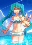  1girl bikini foreshortening green_eyes green_hair hatsune_miku highres long_hair noboes solo standing swimsuit twintails v vocaloid wading water 