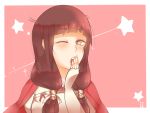  1girl ;o bangs black_eyes black_hair blunt_bangs blush cape covering_mouth fingerless_gloves fire_emblem fire_emblem_if gloves hair_over_shoulder hair_tubes half-closed_eyes hand_over_own_mouth long_hair low_twintails mitama_(fire_emblem_if) one_eye_closed open_mouth pink_background simple_background solo star star-shaped_pupils symbol-shaped_pupils twintails upper_body yawning 