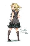  1girl alternate_costume bare_arms blonde_hair blush casual contemporary dress earrings green_eyes jewelry kneehighs looking_at_viewer looking_back mizuhashi_parsee pointy_ears print_dress sleeveless sleeveless_dress solo striped striped_legwear touhou toutenkou 