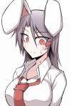  1girl animal_ears breasts collarbone hair_ornament hairclip kuroba_rapid large_breasts long_hair looking_at_viewer necktie purple_hair rabbit_ears red_eyes reisen_udongein_inaba simple_background solo sweat touhou upper_body white_background 