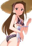  1girl ass bikini brown_eyes brown_hair clenched_hand hairband hat idolmaster long_hair minase_iori nazononiku polka_dot polka_dot_bikini polka_dot_swimsuit red_eyes solo straw_hat stuffed_animal stuffed_bunny stuffed_toy sweatdrop swimsuit twisted_torso wavy_mouth 