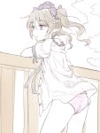  1girl ass clouds hair_ribbon hat himekaidou_hatate monochrome nibi no_pants open_clothes open_shirt panties pointy_ears puffy_short_sleeves puffy_sleeves ribbon shirt short_sleeves sky solo spot_color thighs tokin_hat touhou twintails underwear wind 
