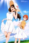  2girls :d absurdres brown_eyes brown_hair clouds dress hand_on_headwear hat hat_removed headwear_removed highres holding holding_hat inami_mahiru leg_lift legs long_hair megami multiple_girls official_art open_mouth orange_eyes orange_hair ponytail sandals short_hair sky smile straw_hat sun_hat sundress tanabe_kenji taneshima_popura working!! 