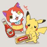  bottle candy_bar cat chocoboo crossover fangs heart heinz jibanyan ketchup looking_at_viewer no_humans notched_ear one_eye_closed open_mouth pikachu pokemon pokemon_(creature) simple_background sketch youkai youkai_watch zrae 