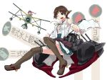  airplane bare_shoulders battasarada biplane blue_eyes boots brown_hair cannon detached_sleeves equipment_screen fairy_(kantai_collection) flipped_hair hairband headgear hiei_(kantai_collection) japanese_clothes kantai_collection mitsubishi_f1m nontraditional_miko plaid remodel_(kantai_collection) seaplane short_hair skirt smile thigh-highs thigh_boots turret 