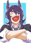  &gt;:d 1girl :d commentary_request crossed_arms eyepatch headgear kantai_collection necktie open_mouth purple_hair sharp_teeth short_hair sleeves_rolled_up smile tenryuu_(kantai_collection) tongue torinitea yellow_eyes 