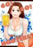  :q alcohol artist_request beer beer_mug breasts cleavage clothes_writing employee_uniform hooters large_breasts no_legwear short_hair short_shorts shorts smile tongue tongue_out uniform waitress 
