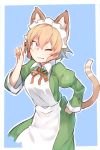  1girl animal_ears anya_flomer apron blonde_hair breasts cat_ears dress dungeon_ni_deai_wo_motomeru_no_wa_machigatteiru_darou_ka hand_on_hip maid_headdress one_eye_closed shirogane_usagi short_hair slit_pupils solo yellow_eyes 