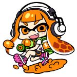 &gt;:d 1girl :d blush chan_co chibi domino_mask headphones holding inkling long_hair looking_at_viewer lowres mask open_mouth orange_eyes orange_hair paint running shoes simple_background single_vertical_stripe smile sneakers solo splatoon super_soaker tentacle_hair white_background 