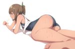  1girl bare_shoulders blurry brown_eyes brown_hair depth_of_field fueru_nattou i-401_(kantai_collection) kantai_collection lying name_tag open_mouth ponytail popsicle school_swimsuit short_ponytail sweat sweating swimsuit swimsuit_under_clothes tan wet white_background 