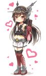  1girl backpack bag black_hair brown_hair elbow_gloves fingerless_gloves gloves hairband heart kantai_collection kase_daiki keychain long_hair looking_at_viewer midriff mutsu_(kantai_collection) mutsu_(snail) nagato_(kantai_collection) navel randoseru recorder_case red_eyes smile solo thigh-highs younger 