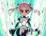  1girl amulet angry apron bloody_marie_(skullgirls) commentary commentary_request cowboy_shot frilled_apron frills hair_ornament hat higa_norio looking_at_viewer maid maid_headdress red_eyes silver_hair skull skull_hair_ornament skullgirls solo twintails 