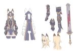  1girl animal_ears armor armored_boots armored_dress blonde_hair blue_eyes boots character_sheet cloak gauntlets long_hair mask mask_removed pauldrons shirogane_usagi solo sword thigh-highs weapon zettai_ryouiki 