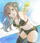  1girl alice-yuki bikini brown_hair camouflage gakkou_gurashi! long_hair smile solo swimsuit thigh-highs wakasa_yuuri water water_gun 