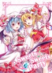  2girls :d :o ascot bat_wings blue_hair blush bow brooch cover crepe crystal doily english flandre_scarlet food frills fruit hat hat_ribbon highres ice_cream jewelry kure~pu mob_cap multiple_girls open_mouth red_eyes remilia_scarlet ribbon sash skirt skirt_set smile spoon strawberry touhou wings 