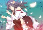  1girl bare_shoulders black_skirt boots brown_hair detached_sleeves double_bun hair_ornament hairband japanese_clothes kantai_collection kongou_(kantai_collection) long_hair lying nontraditional_miko on_side petals saitaniya_ryouichi skirt smile solo thigh-highs thigh_boots 