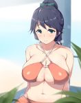  1girl bikini black_hair blush breasts cleavage commentary green_eyes hair_ribbon highres houshou_(kantai_collection) kantai_collection large_breasts long_hair looking_at_viewer moisture_(chichi) navel plump ponytail ribbon smile solo swimsuit 