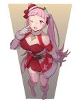  1girl alternate_costume bare_shoulders blush boots breasts christmas cleavage_cutout clothing_cutout do_m_kaeru dress finger_to_mouth fire_emblem fire_emblem:_three_houses fire_emblem_heroes flower full_moon fur-trimmed_boots fur-trimmed_gloves fur-trimmed_sleeves fur_collar fur_trim gloves hair_flower hair_ornament hat hilda_valentine_goneril index_finger_raised large_breasts leotard long_hair looking_at_viewer looking_up moon official_alternate_costume one_eye_closed open_clothes pink_eyes pink_hair pink_leotard red_dress red_headwear rose santa_costume santa_hat shoulder_cutout smile solo striped striped_legwear thigh-highs tongue twintails very_long_hair white_flower white_footwear white_gloves white_rose 