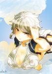  1girl asymmetrical_wings braid breasts cleavage cloud_print flat_gaze kantai_collection large_breasts looking_at_viewer lying midriff on_stomach open_mouth silver_hair single_braid solo toriol_3 unryuu_(kantai_collection) upper_body wavy_hair wings yellow_eyes 