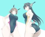  2girls adjusting_clothes adjusting_swimsuit ass black_hair breasts brown_hair competition_swimsuit covered_navel green_eyes headgear highres kantai_collection multiple_girls mutsu_(kantai_collection) nagato_(kantai_collection) one-piece_swimsuit red_eyes souji swimsuit 