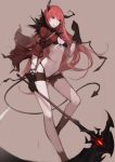  brown_background cape clenched_hand commentary commentary_request demon_tail fur_trim gloves glowing glowing_eye highres jacket long_hair nero_(nilu) original pixiv_fantasia pixiv_fantasia_t red_eyes redhead scythe simple_background small_breasts string_bikini tail thigh-highs very_long_hair 