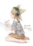  1girl :o alternate_costume barefoot blonde_hair casual contemporary drawing drawing_board floral_print headphones open_mouth pen pointy_hair shirt sitting skirt solo stylus tablet touhou toutenkou toyosatomimi_no_miko wariza yellow_eyes 