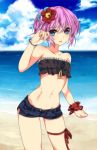  1girl bare_shoulders beach blue_eyes blush contrapposto cowboy_shot flower hair_flower hair_ornament hikobae kantai_collection looking_at_viewer navel open_mouth pink_hair ponytail shiranui_(kantai_collection) short_hair short_shorts shorts solo swimsuit water wristband 