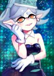  +_+ 1girl black_dress blush breasts cleavage daichi_midori detached_collar domino_mask dress earrings gloves grey_hair hotaru_(splatoon) jewelry lipstick makeup mask mole mole_under_eye orange_eyes pink_lipstick pointy_ears short_hair smile solo sparkle splatoon strapless_dress symbol-shaped_pupils tentacle_hair white_gloves 