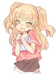  1girl 7010 blonde_hair blush fangs green_eyes idolmaster idolmaster_cinderella_girls jougasaki_rika long_hair looking_at_viewer open_mouth simple_background sketch smile solo twintails two_side_up white_background 