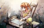  1girl apron brown_eyes chair checkered_shirt desk feathers frown glasses hair_bobbles hair_ornament hand_on_glasses kukkuru long_sleeves motoori_kosuzu orange_hair pen phonograph reading scroll shirt side_ponytail touhou 