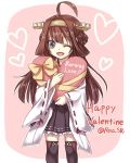  1girl ahoge boots brown_hair burning_love_(phrase) happy_valentine heart kantai_collection kongou_(kantai_collection) long_hair lowres nekoyanagi_reo nontraditional_miko solo thigh-highs thigh_boots twitter_username 