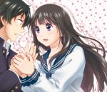  1boy 1girl black_hair chitanda_eru eye_contact green_eyes holding_hands hyouka koorogi long_hair looking_at_another oreki_houtarou school_uniform serafuku short_hair surprised violet_eyes 