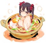  1girl arms_at_sides back bangs bare_back black_hair blush_stickers bowl egg food from_behind hair_ribbon in_food knees_up looking_at_viewer looking_back love_live!_school_idol_project minigirl noodles nude partially_submerged red_eyes red_ribbon ribbon shishigomi sitting solo steam twintails udon yazawa_nico 