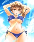  1girl :o arms_behind_head arms_up bikini breasts brown_eyes brown_hair cowboy_shot geckolion kaga_(kantai_collection) kantai_collection lens_flare light_rays navel open_mouth side-tie_bikini side_ponytail sky solo standing swimsuit under_boob 