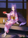  1girl alcohol animal_ears barefoot blush bottle feet fox_ears japanese_clothes kimono komame_(st_beans) log_horizon long_hair nazuna_(log_horizon) obi porch purple_hair sakazuki sake sake_bottle sash sitting stone tail wooden_floor 