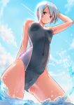  1girl brown_eyes competition_swimsuit from_below highres muto one-piece_swimsuit original short_hair silver_hair solo standing swimsuit water 