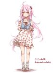  1girl alternate_costume casual collarbone contemporary crop_top dress earrings expressionless floral_print hata_no_kokoro jewelry long_hair long_sleeves pink_eyes pink_hair ponytail solo touhou toutenkou very_long_hair white_dress 