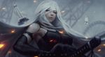  1girl artist_name bare_shoulders black_gloves blue_eyes character_name closed_mouth deviantart_username elbow_gloves gloves guweiz hair_over_one_eye lips long_hair looking_at_viewer looking_down mole mole_under_mouth nier_(series) nier_automata nose solo sword upper_body watermark weapon web_address white_hair yorha_type_a_no._2 