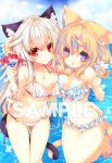  2girls animal_ears asymmetrical_docking bell bikini breast_press breasts brown_hair cat_ears cleavage cocktail_glass drink groin hair_ornament hairclip hug intertwined_tails jingle_bell large_breasts long_hair multiple_girls navel original p19 red_eyes ribbon sample sandals side-tie_bikini silver_hair smile swimsuit tail thigh_gap untied violet_eyes 