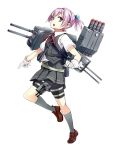  1girl :o bike_shorts blue_eyes full_body gloves hair_intakes kantai_collection konishi_(koconatu) leg_up loafers machinery official_art pink_hair pleated_skirt red_ribbon ribbon school_uniform shiranui_(kantai_collection) shoes short_hair short_ponytail short_sleeves shorts_under_skirt skirt solo thigh_strap transparent_background turret vest white_gloves 