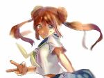  1girl blue_eyes brown_hair commentary_request double_bun long_hair mei_(pokemon) pokemon pokemon_(game) pokemon_bw2 school_uniform serafuku smile solo tomeriko-123 twintails v 