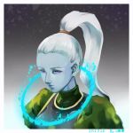  1girl absurdres artist_name blue_skin c_pan_jiang character_request dated dragon_ball dragon_ball_super gradient gradient_background highres ponytail portrait solo violet_eyes white_border white_hair 