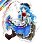 1girl blue_hair boots bow brown_boots color_guide food fruit full_body hat hinanawi_tenshi huyusilver long_hair long_skirt oota_jun&#039;ya_(style) parody peach puffy_short_sleeves puffy_sleeves red_bow red_eyes rock rope shide shimenawa short_sleeves sitting skirt smile solo style_parody sword_of_hisou touhou