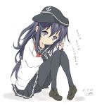  1girl akatsuki_(kantai_collection) anchor_symbol artist_name commentary_request core_(mayomayo) dated flat_cap hat kantai_collection knees_up long_hair looking_at_viewer pantyhose purple_hair school_uniform serafuku sitting skirt solo translation_request violet_eyes white_background 