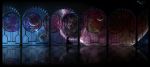  absurdres arch artist_name column dated highres hooded_cloak number oright original pillar planet reflection scenery space stained_glass walking 