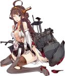  1girl ;o ahoge breasts brown_hair damaged double_bun full_body grey_legwear kantai_collection kongou_(kantai_collection) konishi_(koconatu) large_breasts loafers long_hair machinery nontraditional_miko official_art one_eye_closed remodel_(kantai_collection) shoes solo thigh-highs transparent_background turret violet_eyes 