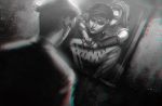  arm_warmers arms chromatic_aberration dutch_angle earrings film_grain from_behind greyscale hairband headband jewelry jojo_no_kimyou_na_bouken kishibe_rohan light mirror monochrome reflection rin2010 short_hair sugimoto_reimi 