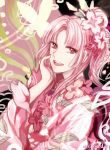  1girl 2013 artist_name flower hair_flower hair_ornament hand_on_own_cheek highres japanese_clothes kimono long_hair looking_at_viewer minudo pink pink_eyes pink_hair ponytail smile solo vocaloid vy1 